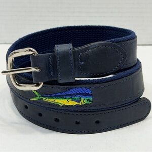 ZEPPELIN Blue Mahi-MahiFish Leather Canvas Belt Brass Buckle Made in USA Mens 34